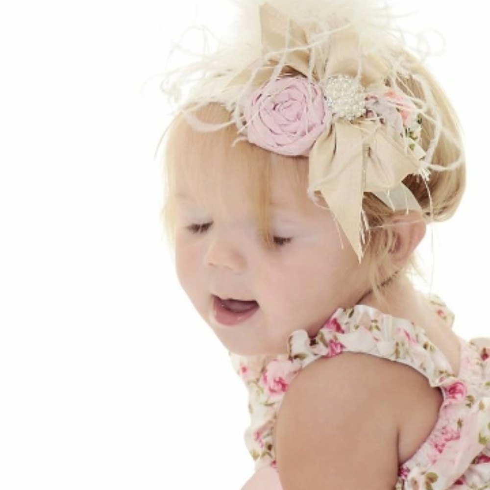 Baby Headband Rolled Roses Ostrich Feathers